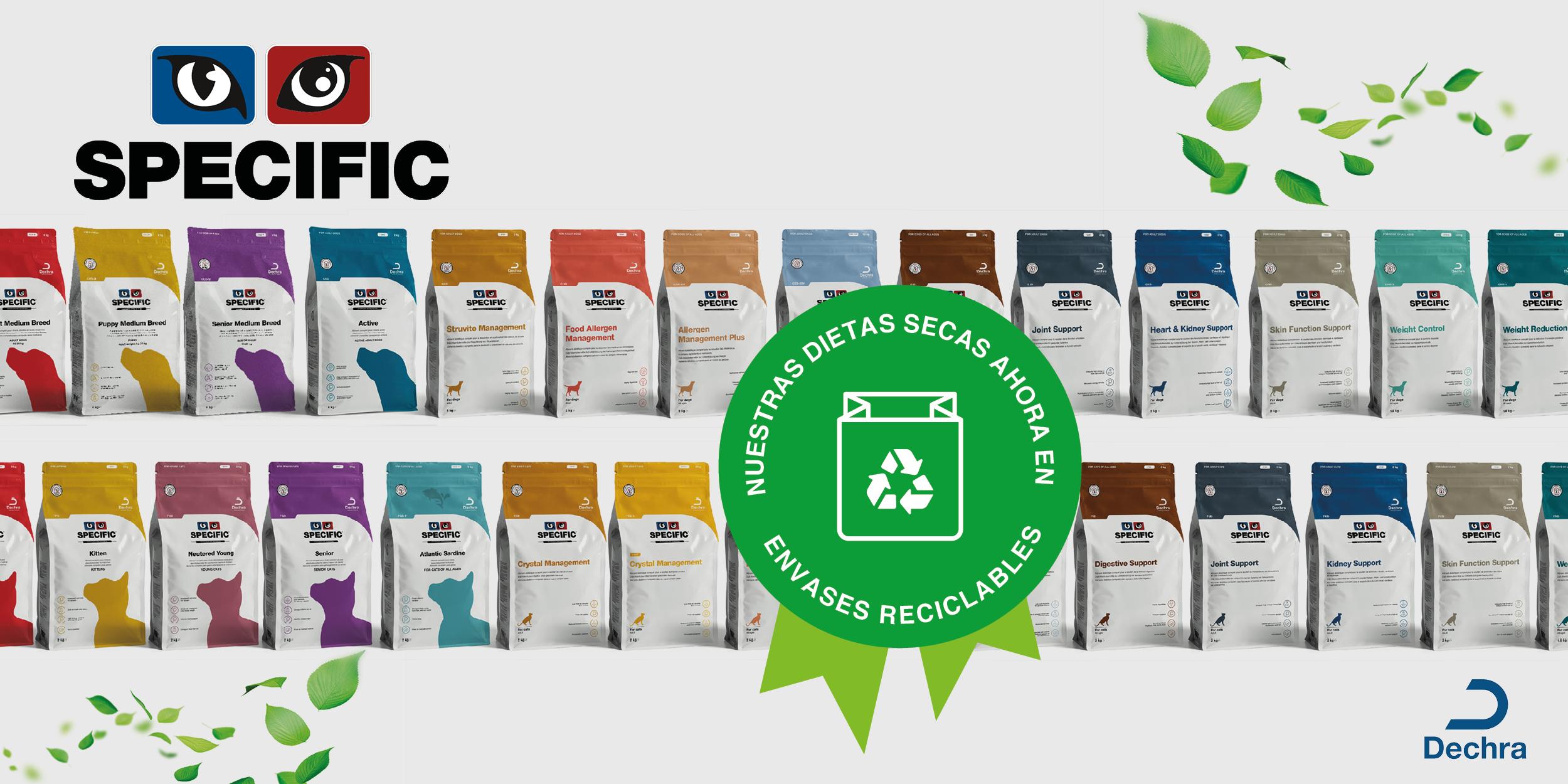 SPECIFIC tiene el orgullo de anunciar que todos sus alimentos secos vienen ahora en envases 100% reciclables. 